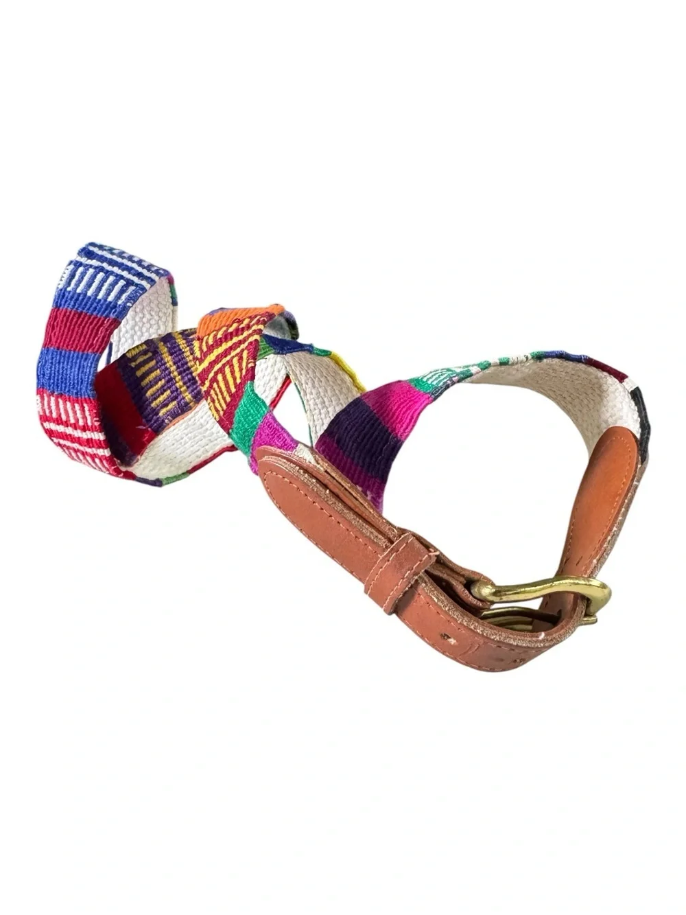 Vintage Guatemalan Woven Textile Leather Belt Sz 33 Multicolor Boho Southwestern